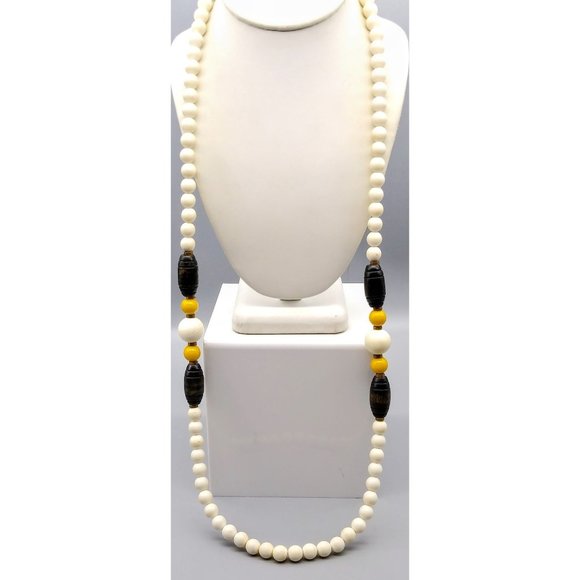 Long Retro Beaded Strand Necklace, Vintage White and Yellow Lucite with Oblong - Picture 1 of 4